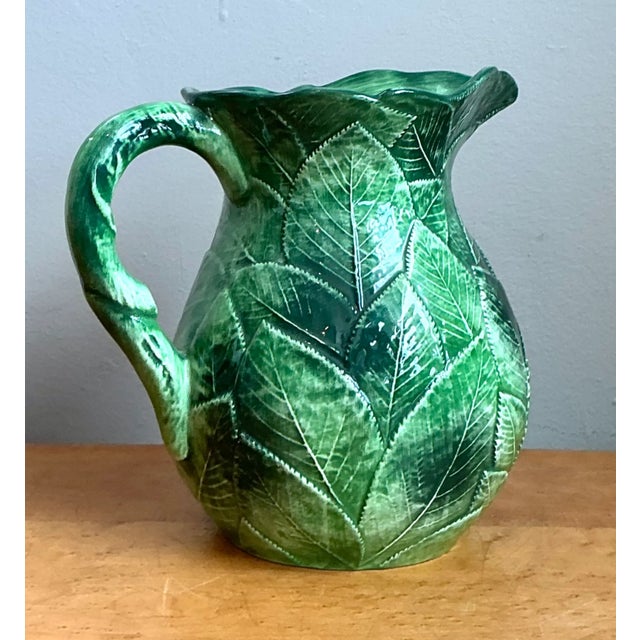 Vintage Green Leaf Motif Ceramic Pitcher For Sale - Image 11 of 13