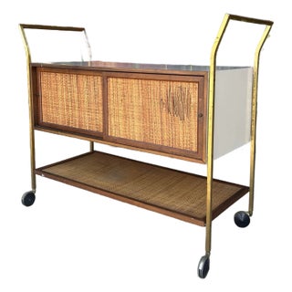 Brass Walnut and Rattan Mid Century Modern Bar Cart For Sale