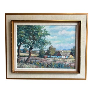 Mid 20th Century Framed Vintage Oil Painting of Thatched Roof Farmhouse Signed E Jansson For Sale