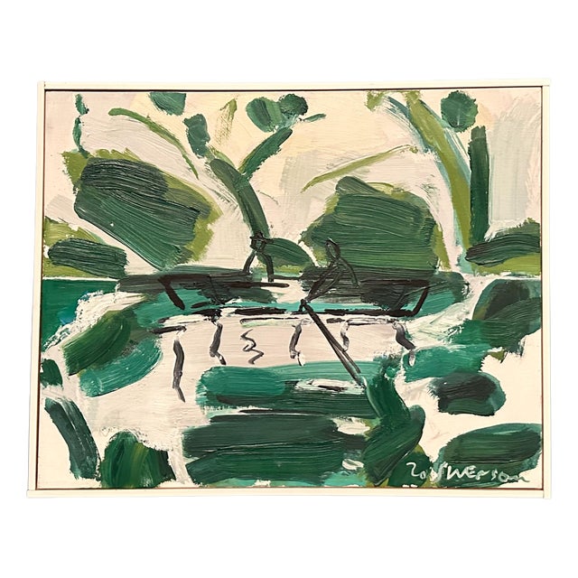 Bo Swenson, Rowboats in a Green Landscape, 2004, Oil Painting on Canvas, Framed For Sale