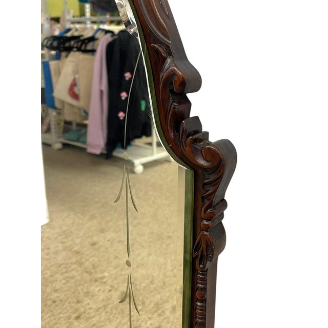 1970s Vintage Carved Wood Arched Wall Mirror With Etched Glass Panels For Sale - Image 5 of 10