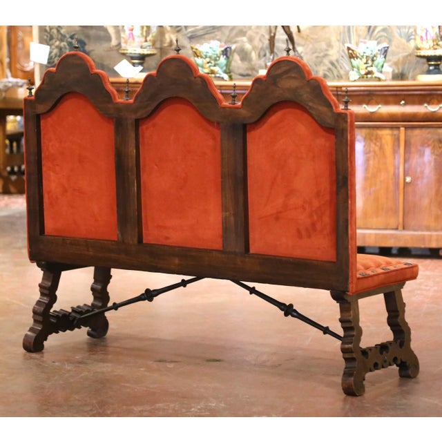 19th Century Spanish Renaissance Walnut and Velvet Three-Seat Bench For Sale - Image 11 of 12