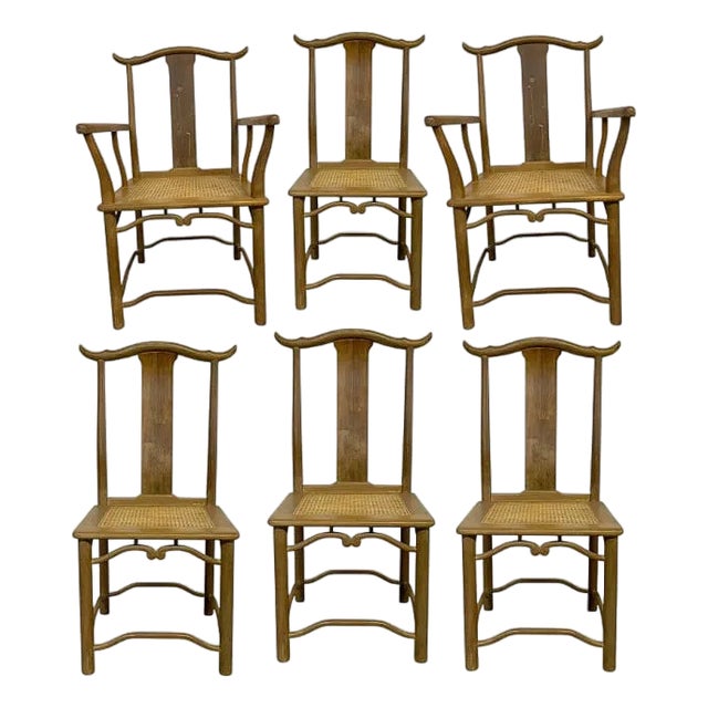 1960s Set of 6 Asian Style Dining Chairs With Wicker Seats For Sale