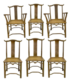 1960s Set of 6 Asian Style Dining Chairs With Wicker Seats