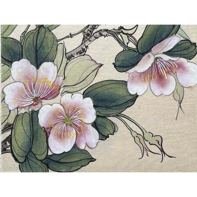 1940s Vintage Original Chinese Watercolor Painting on Silk Flowers and Butterflies For Sale - Image 5 of 8