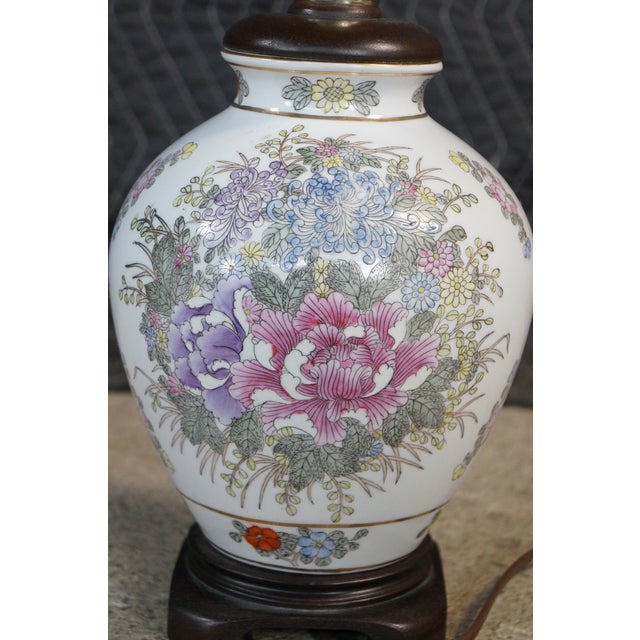 Vintage Hand-Painted Floral Chinoiserie Porcelain Ginger Jar Urn Lamp Peonies For Sale - Image 6 of 18