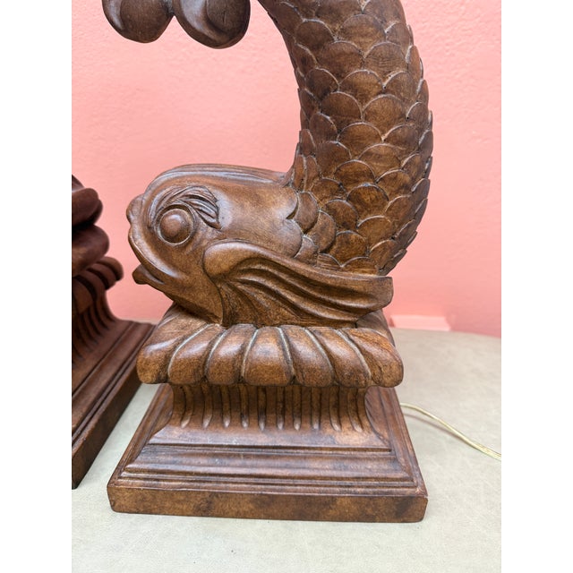 Wood Vintage Wood Koi/Dolphin Lamps, a Pair, Hand Carved, Mid 20th Century For Sale - Image 7 of 10