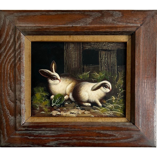 Figurative Vintage Oil Painting of Two Rabbits in Vintage Wood Frame For Sale - Image 3 of 6