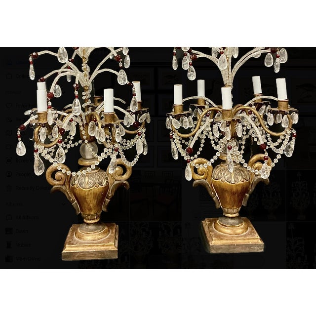Gold Neoclassic Giltwood and Rock Crystal Girandole Lamps a Pair For Sale - Image 8 of 13