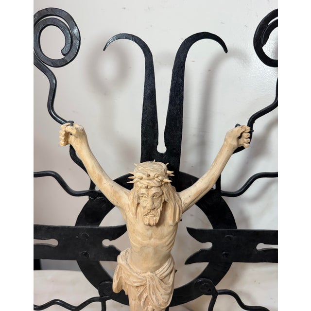 Wood Large Vintage Carved Wood Wrought Iron Religious Wall Crucifix Cross Sculpture For Sale - Image 7 of 14