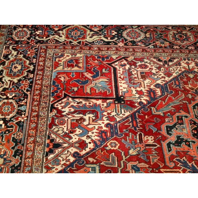 Red Vintage Oversize Persian Heriz Serapi Rug, Hand-Knotted Geometric Pattern, Red & Blue, 11’ X 15’ For Sale - Image 8 of 12