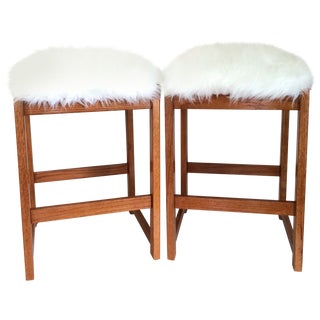 Mid-Century Sheepskin Barstools - A Pair For Sale