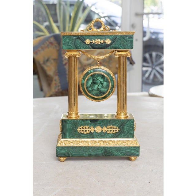 Mid 20th Century Empire Style Malachite and Gilt Bronze Portico Clock For Sale In West Palm - Image 6 of 8