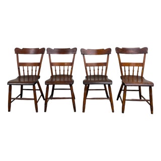 Antique American Country Farmhouse Plank Seat Dining Chairs - Set of 4 For Sale