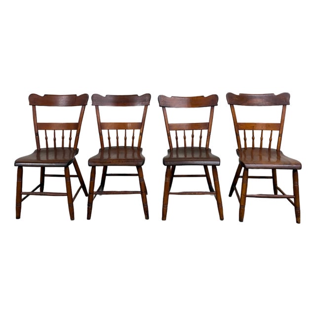 Antique American Country Farmhouse Plank Seat Dining Chairs - Set of 4 For Sale