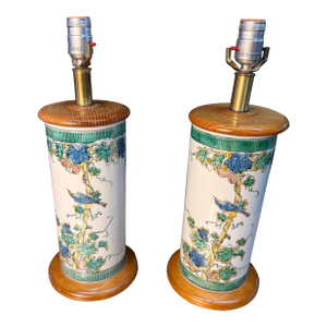 Pair Mid 20th Century Asian Painted Bird Lamps