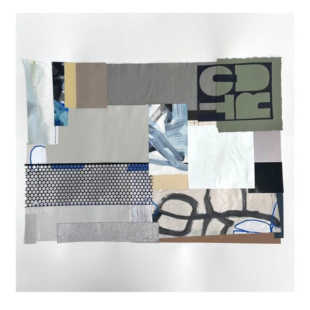 Contemporary Seaglass + Sawdust — Set of 3 Modern Abstract Paper Collages — Blue, Grey & Silver Mixed Media With Stitching For Sale - Image 3 of 7