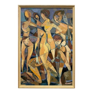 Mid-Century Cubist Abstract Female Nudes Oil Painting by André Poirson For Sale