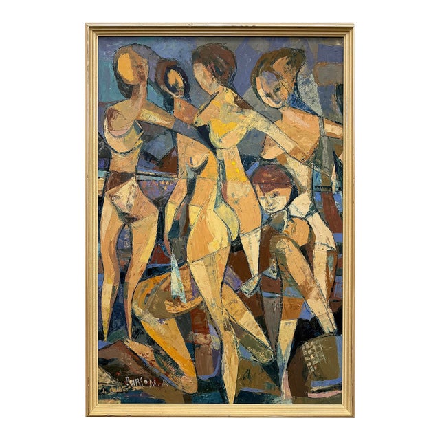 Mid-Century Cubist Abstract Female Nudes Oil Painting by André Poirson For Sale