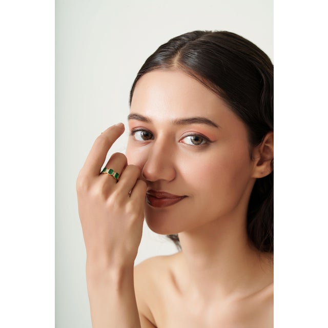 Not Yet Made - Made To Order Natural Zambian Emerald Three Stone Ring With Diamond Accents in 14k Gold Size 4 For Sale - Image 5 of 15