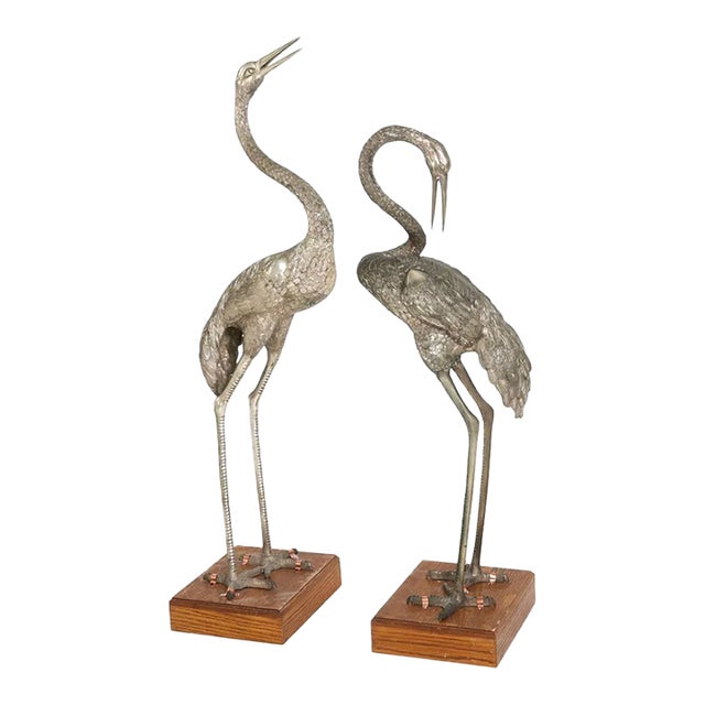 Monumental Pair of Silvered Crane Sculptures on Wooden Plinth Bases | 20th Century For Sale