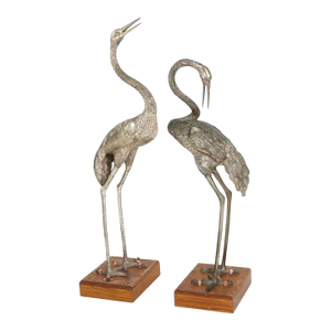 Monumental Pair of Silvered Crane Sculptures on Wooden Plinth Bases | 20th Century