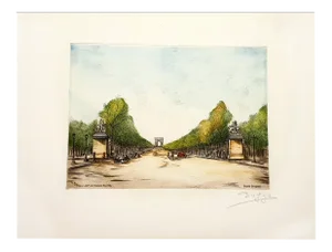 Champs Elysées Etching by Dufza, Paris, 1940