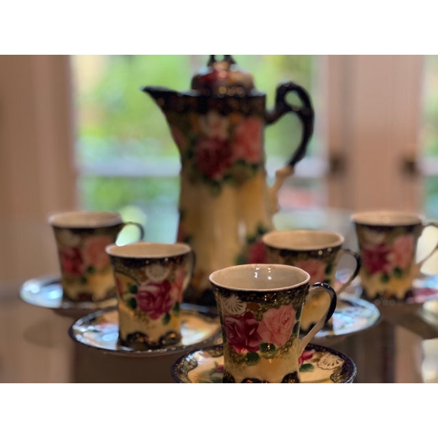 Blue Late 19th Century Nippon Hand-Painted Porcelain Chocolate Pot Set With Cups and Saucers For Sale - Image 8 of 8