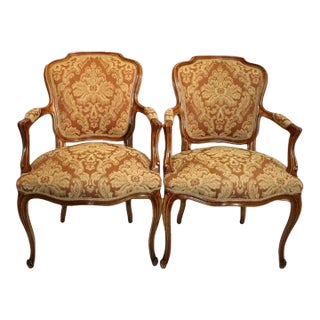 Mid 20th Century Pair of French Louis XV Fruit Wood Fauteuils Chairs, New Upholstery For Sale