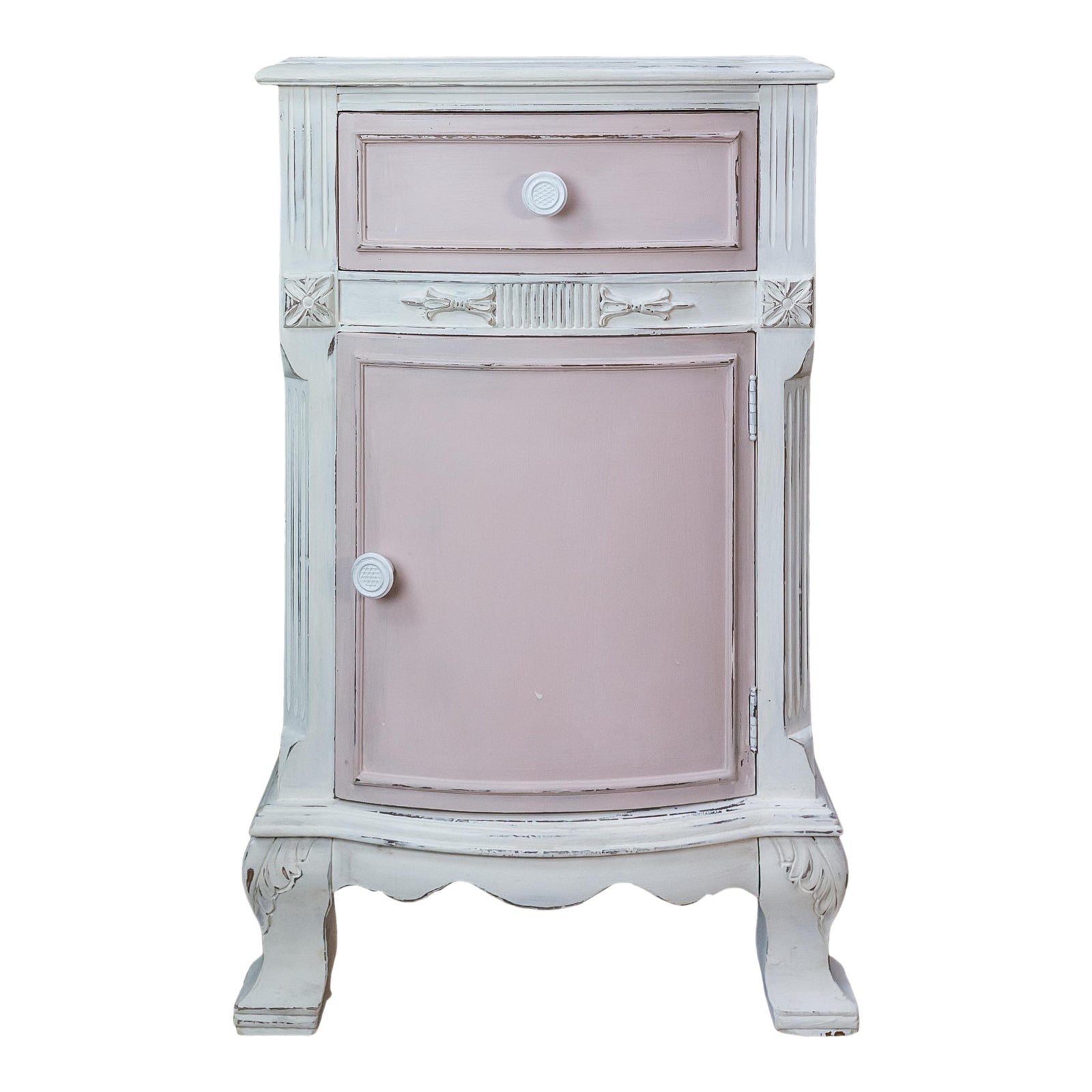 Shabby Chic Vintage Distressed White And Light Pink Nightstand With Designer Fabric Inlay Chairish