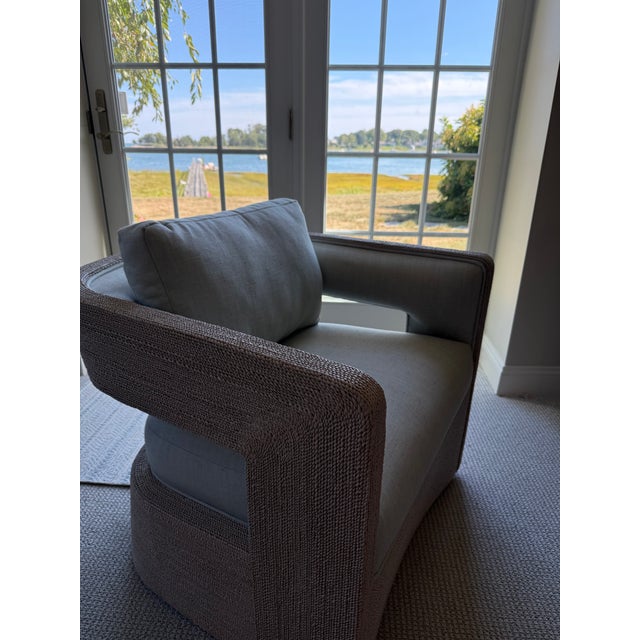 Transitional Set of 4 Palecek Hadley Swivel Lounge Chairs-Whitewash+Custom Glacier Cushions For Sale - Image 3 of 7