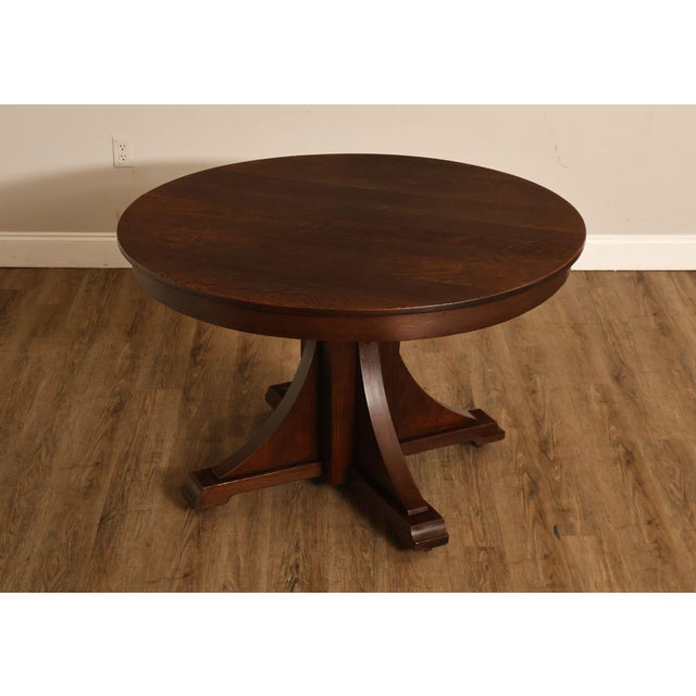 High Quality American Made Antique Stickley Brothers Dining Table Crafted In Oak Featuring A Round Top With Rich Grain And...