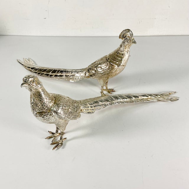 Early 20th C Vintage French Chippendale Hollywood Regency Game Bird Pheasant Silverplate Figurals - An Opposing Pair For Sale - Image 6 of 18