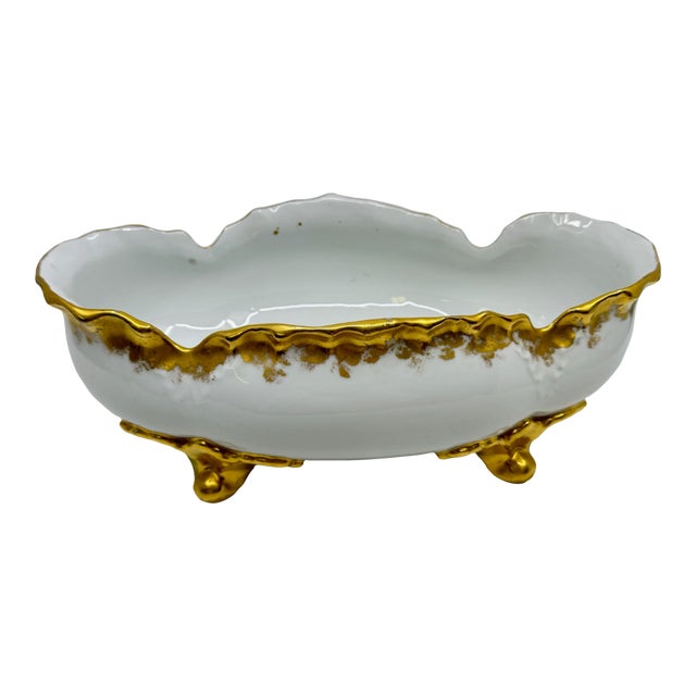 Vintage Bavarian Gold Trimmed Porcelain Oval Claw Foot Bowl For Sale