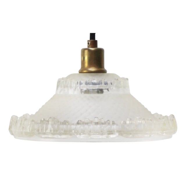 Art Deco French Brass and Etched Clear Glass Pendant Light, 1920s For Sale