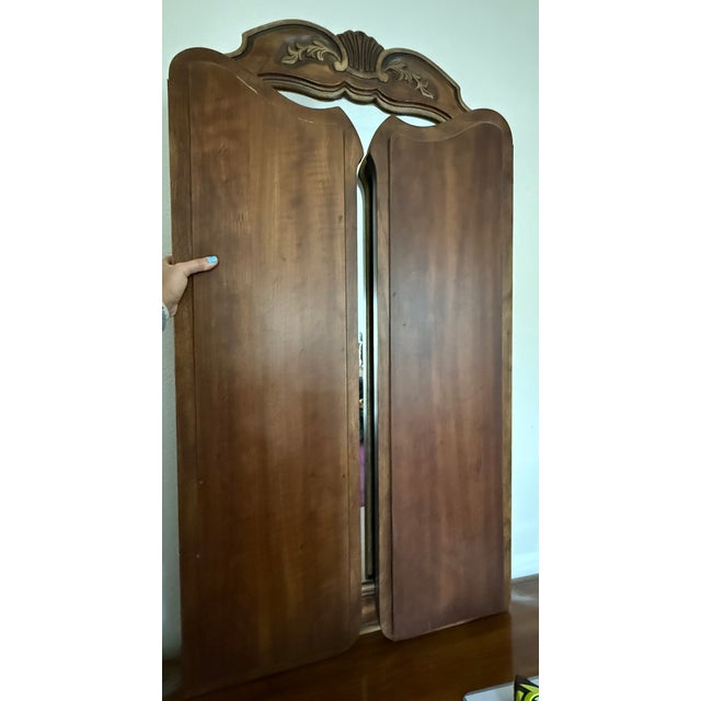 Wood 1970s Drexel Heritage French Provincial Louis XV Carved Walnut Triple Dresser With Matching Mirror For Sale - Image 7 of 13