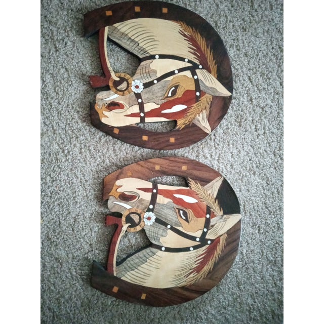 American Gorgeous Pair of Hand Painted Wooden Horseshoe Wall Plaques. For Sale - Image 3 of 6