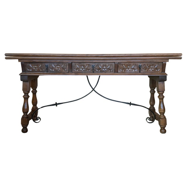 Early 20th Century Spanish Fold Out Console Table with Iron Stretcher & 3 Drawer For Sale - Image 15 of 18