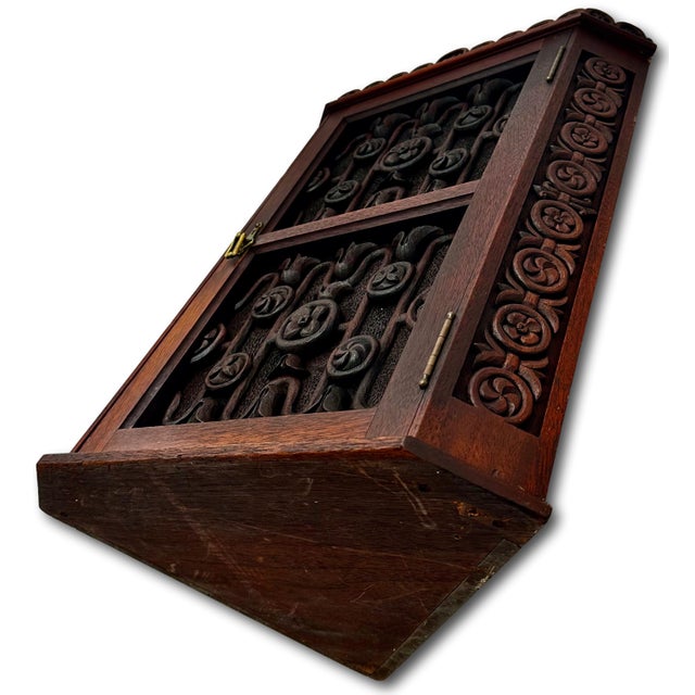 Outstanding Antique Beautifully Hand Carved Solid Mahogany Wall Hanging Corner Cabinet - Signed & Dated 1900 For Sale - Image 16 of 18