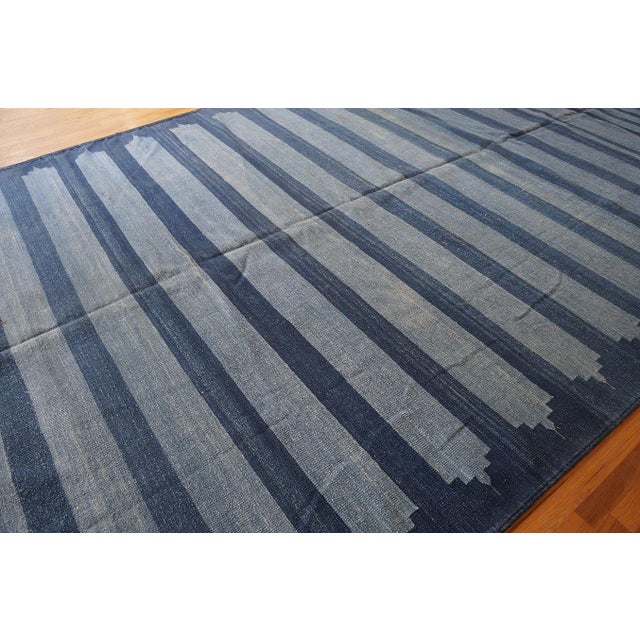 1930s Blue Stripe Antique Indian Cotton Dhurrie Rug 8'2'' X 40'2" Flatweave Carpet For Sale - Image 4 of 13