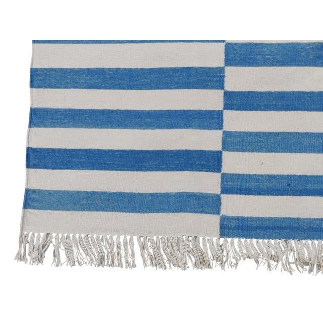 Mid-Century Modern Handmade Cotton Striped Rug, Sky Blue And White 8'x10' For Sale - Image 3 of 6