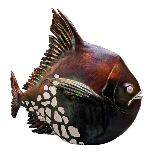 1960s Mid-Century Gialletti Gp Deruta Volcanic Luster Ceramic Fish Sculpture, Italy For Sale