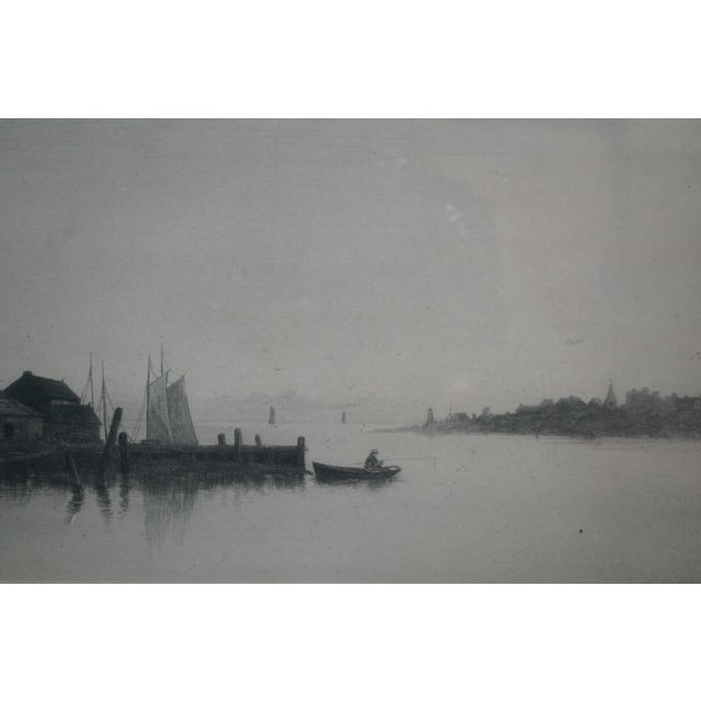 Printmaking Materials Antique Alfred J Haller Signed Fishing Village Sailboats Harbor Etching 23" For Sale - Image 7 of 12