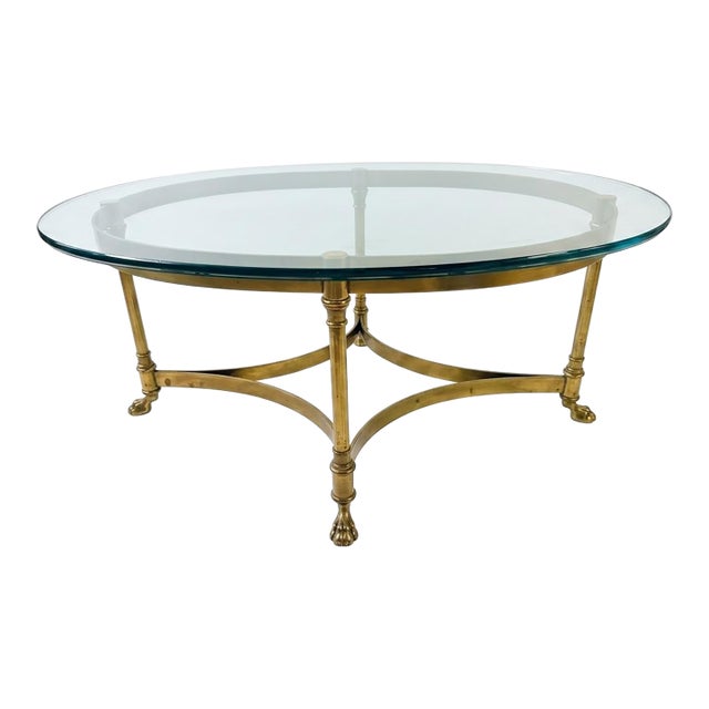 Vintage Maison Jansen Style Brass and Glass Oval Coffee Table For Sale