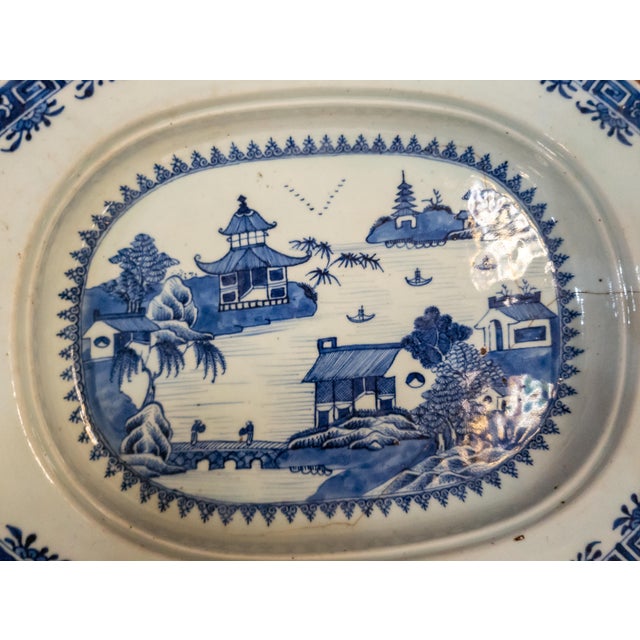 18th Century Chinese Blue and White Canton Export Vegetable Tray With Repair For Sale In New York - Image 6 of 12