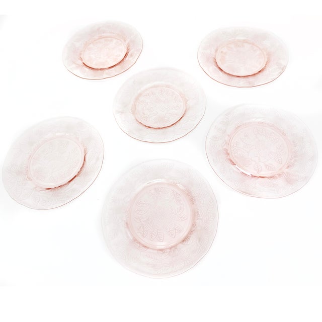 Mid-Century Modern 1930's Art Deco Macbeth-Evans Pale Pink Dog Wood Floral Glass Plates - 6 Pieces For Sale - Image 3 of 3