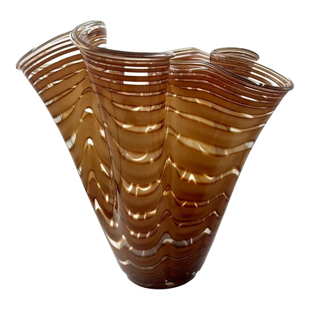 Vintage Murano Style Hand Blown Italian Chocolate Brown Ribbon Glass Vase For Sale
