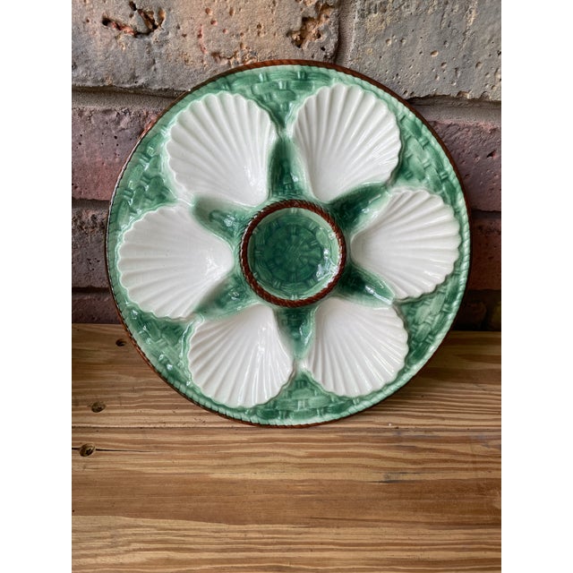 1920s Antique French Longchamp Majolica Green and White Oyster Plate For Sale - Image 12 of 13