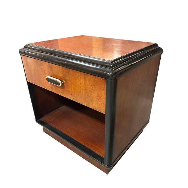 Wood Pair of Two Toned Art Deco Cherry Wood & Lacquer Bedside Tables W/ Stepped Top For Sale - Image 7 of 12