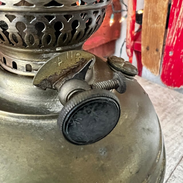 1900 - 1909 1900s Victorian Brass Oil Lamp With Ornate Base & Clear Glass Chimney For Sale - Image 5 of 12
